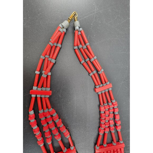 Vintage Multilayer Red & Gray Beaded Statement Necklace HS201 - Picture 9 of 9